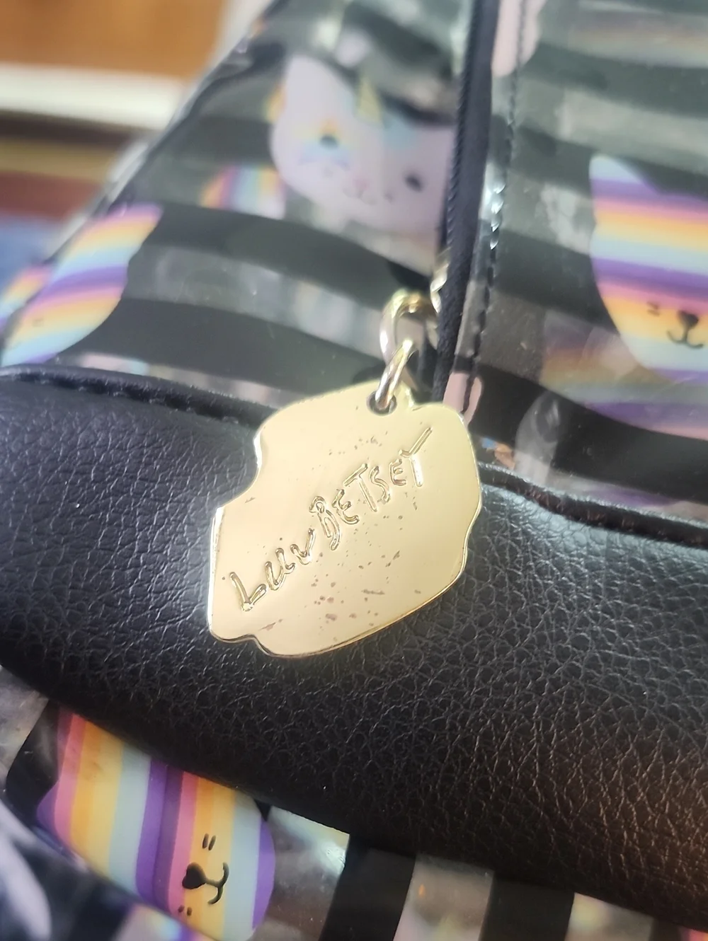 Betsey Johnson Rainbow Cat Unicorn Backpack - Pink & Black Transparent Stripes